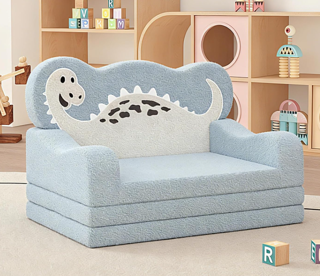 Sky Blue Dinosaur-Themed Foldable 2-In-1 Children's Sofa